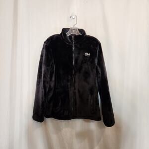FILA SPORT Black Faux Fur Teddy Bear Jacket Zippered Pockets Full Zip Womens L